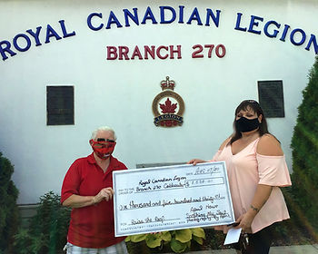 Member of the Coldwater Branch Executive, Comrade Marg Murphy (left), accepts the donation of $1,530 from April Dawn on August 7, 2020.