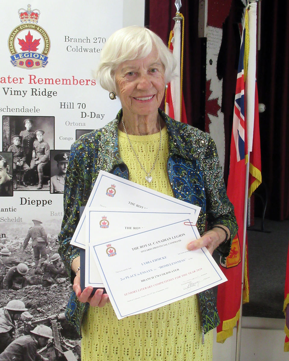 Participant in this year's Legion's (Ontario Command) Seniors Literary Competition, Lydia Ehmcke placed 2nd in the Essay category for her submission titled Homelessness, and received Honourable Mentions in the Short Story category for The Hundredth Birthday Party, and in the Poetry category for Love (Photo by Wanda Beaudoin)