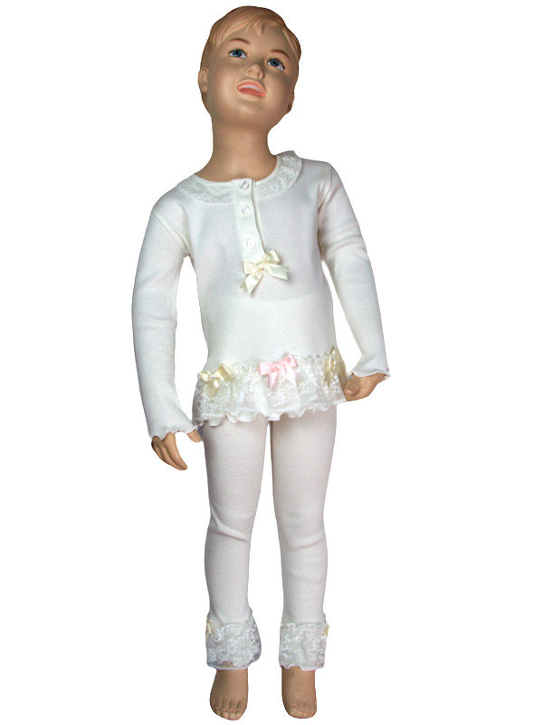 Miniatura: pigiama da bambina in costina di puro cotone con pizzo in cotone made in italy