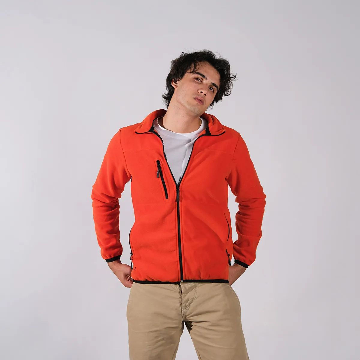 Turuncu polar ceket önden görünüm – toptan erkek polar mont modeli