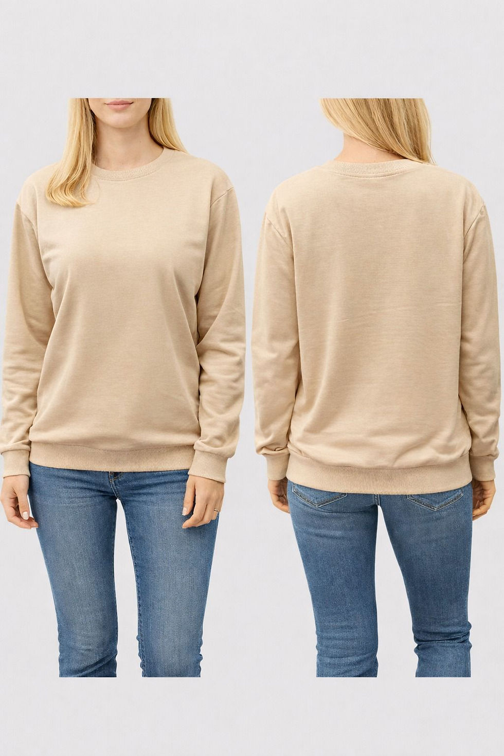 Küçük resim: bej bisiklet yaka sweatshirt toptan 2 ip şardonsuz 200 gr %100 pamuk ön görünüm