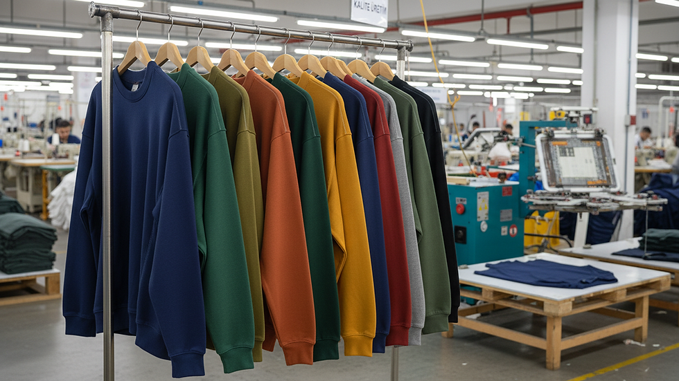 Eye-level view of a clothing rack with various colorful sweatshirts