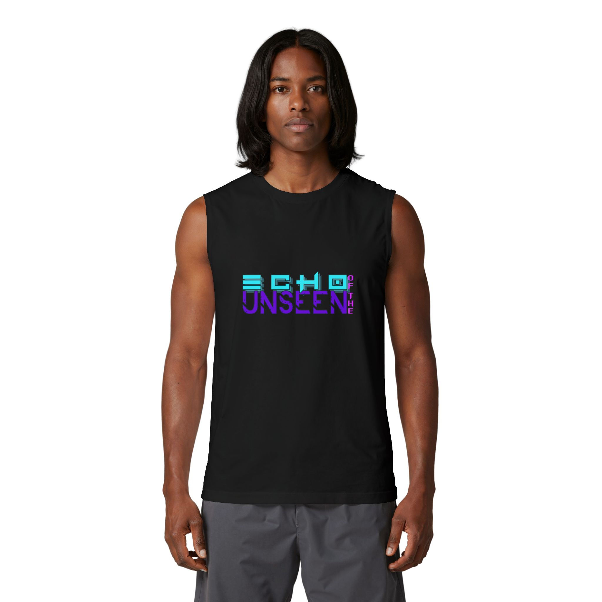 Unseen Echo Muscle Tank — Retro Vaporwave Tech Graphic Tank Top