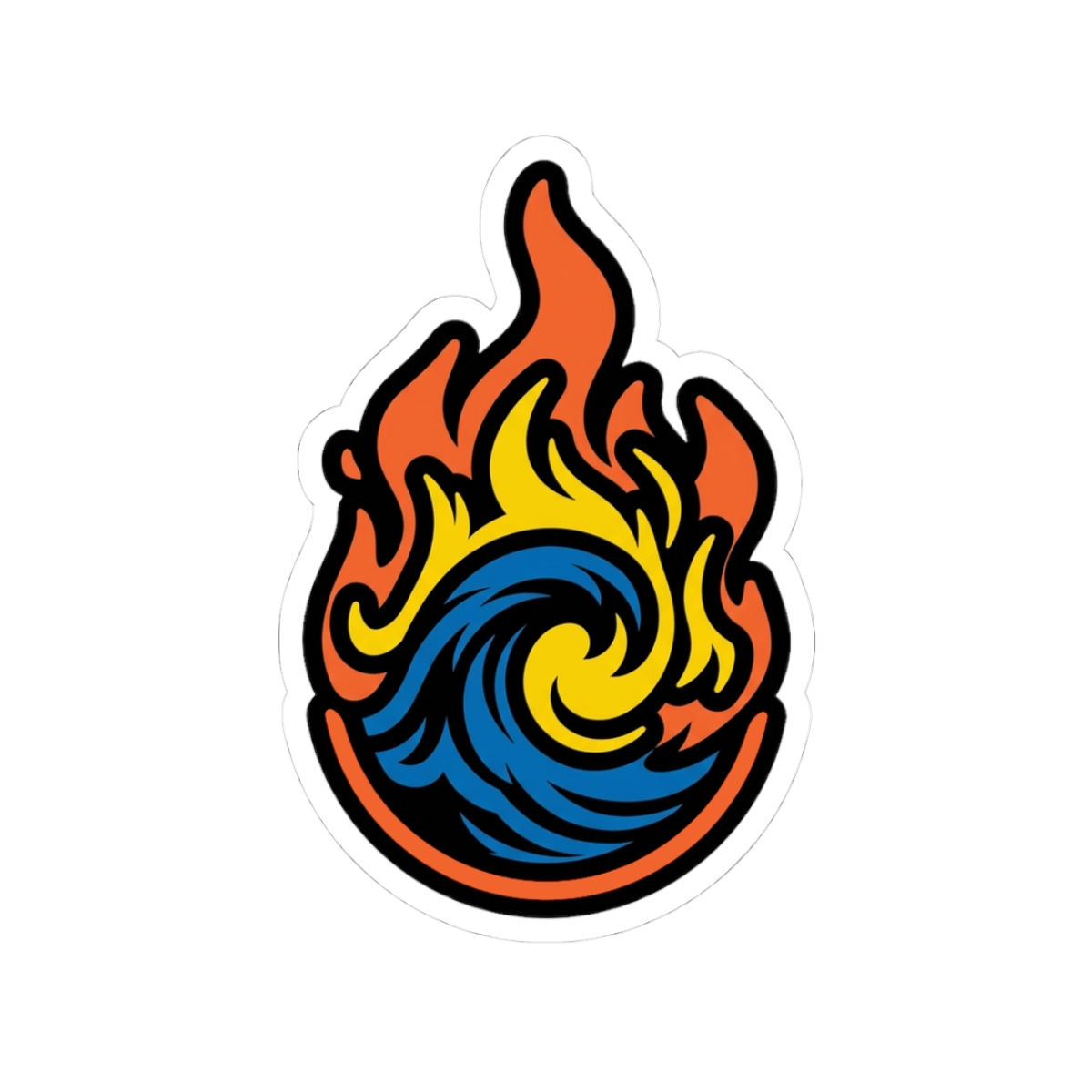 Fire & Wave Kiss-Cut Sticker — Colorful Flame and Ocean Swirl Vinyl Decal