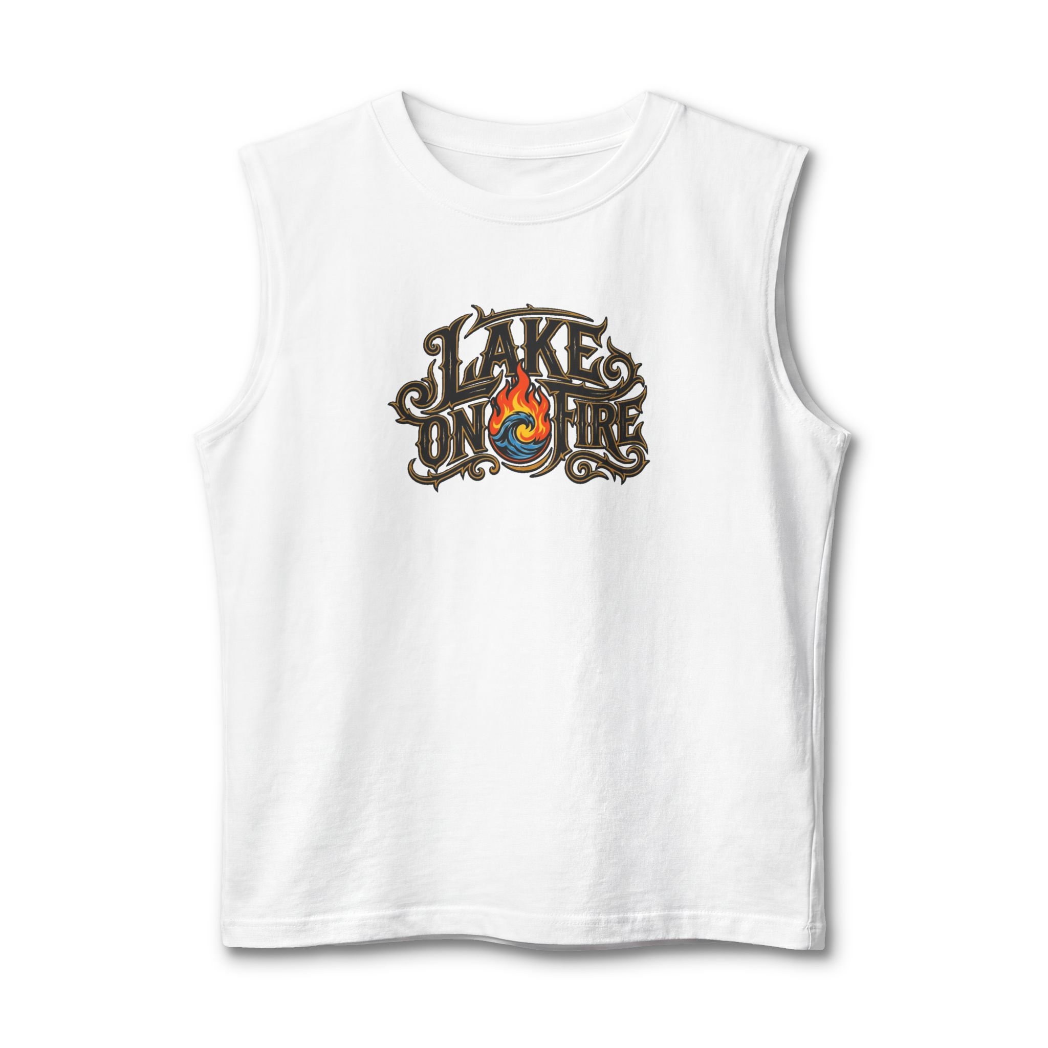 Lake on Fire Muscle Tank — Retro Flame Graphic Tank Top