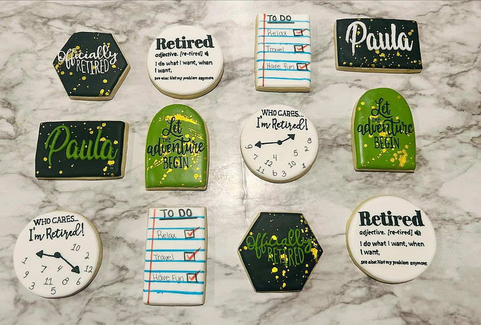 Custom retirement cookies with green accents and detailed designs by AJ’s Sweet Creations Prosper TX