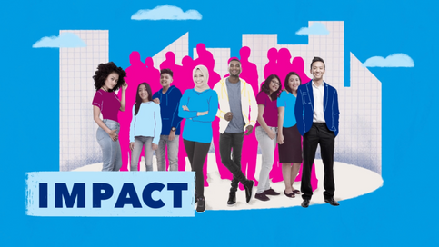 Title says Impact while wide array of people stand in front of graph paper textured building