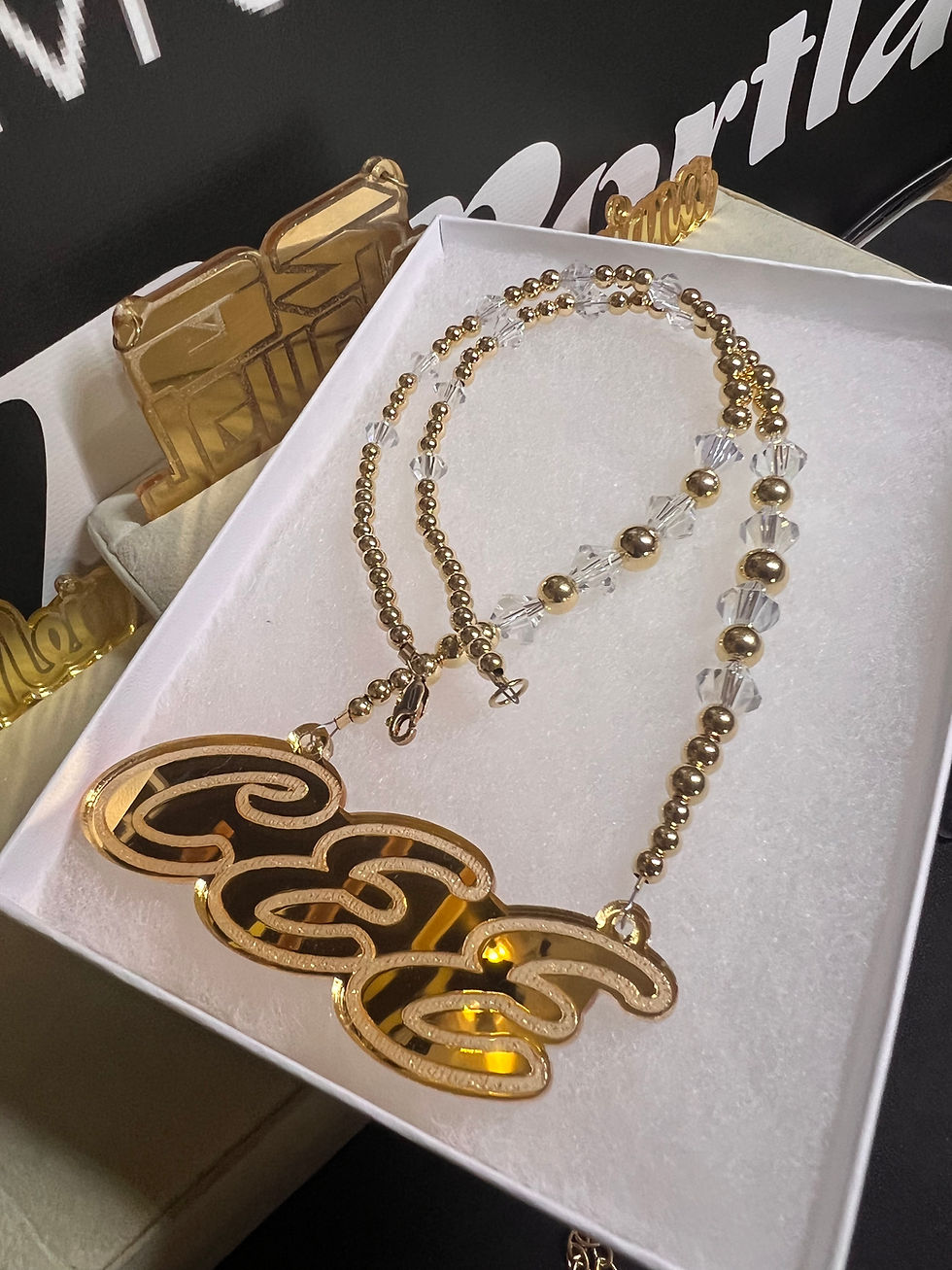 Thumbnail: Name Plate Gold Beaded Necklace