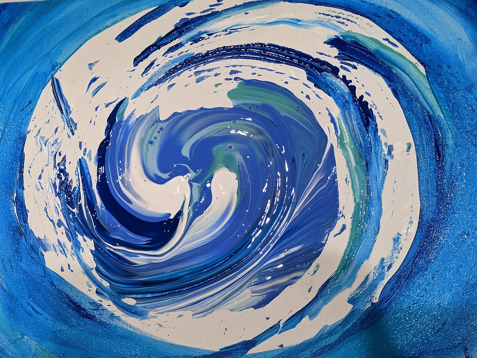 Expressive abstract painting of a swirling blue vortex, created during adult art class to explore emotion and movement through color and gesture.