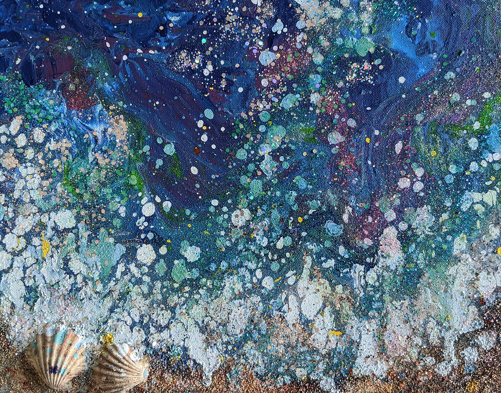 Handcrafted ocean-inspired art made with paint, crushed shells, and sand during an adult art workshop focused on sensory creativity.