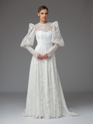 Lace Wedding Dress with Puff Sleeves by KATYA KATYA
