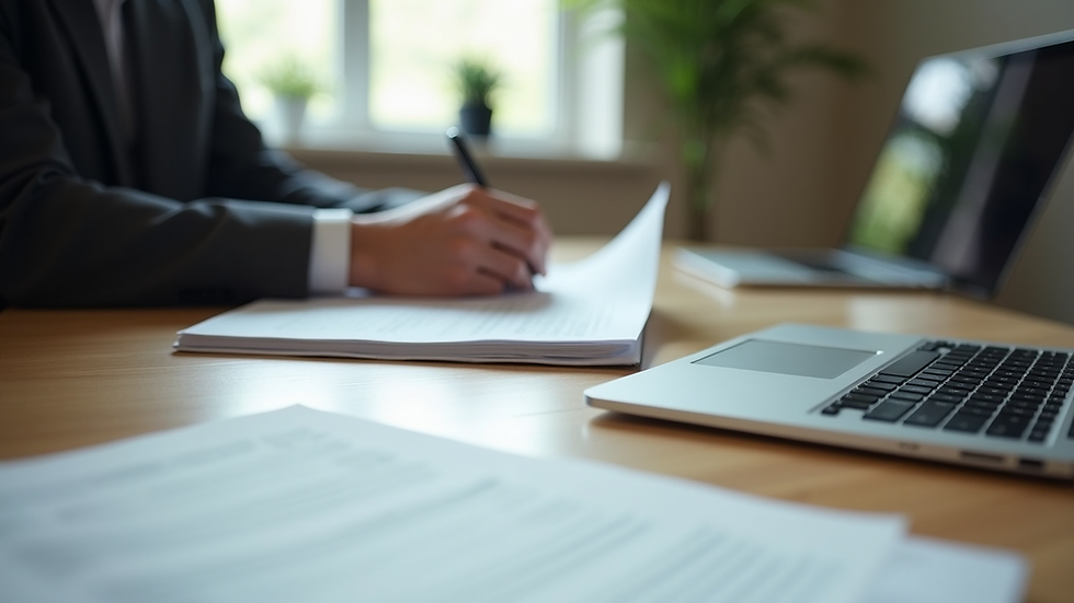 Eye-level view of a person reviewing documents with a laptop and notes on a wooden desk