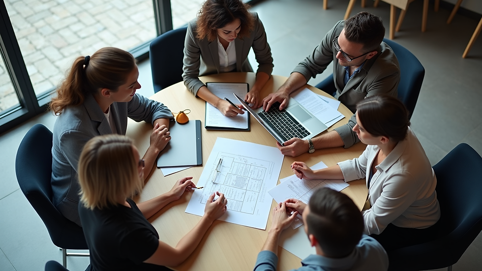 High angle view of a team discussing data protection policies around a table with documents and laptops