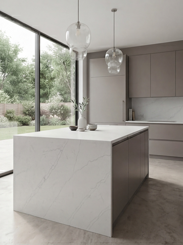 ProQuartz Calacatta Mist Kitchen island countertop and splash back