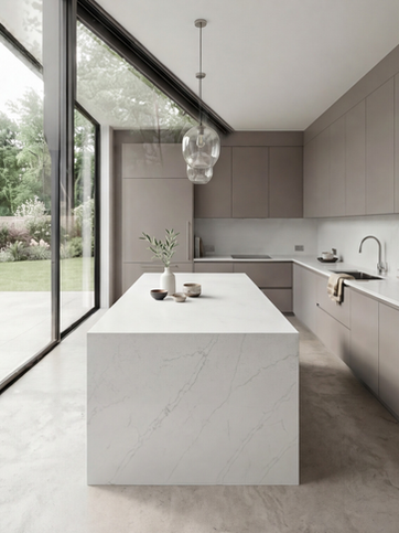 ProQuartz Calacatta Mist Kitchen island countertop and splash back
