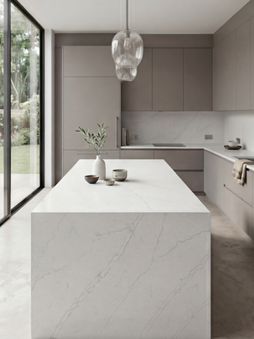 ProQuartz Calacatta Mist Kitchen island countertop and splash back
