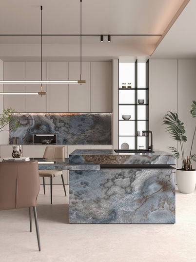EstrellaSA Corfu sintered stone slab featuring a dramatic translucent onyx design with swirling layers of icy blue, smoky white, and contrasting deep amber-brown crystal formations