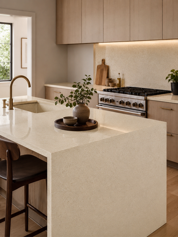 SIGMAquartz Caramel quartz cream coloured surface with orange flecks for countertops and flooring