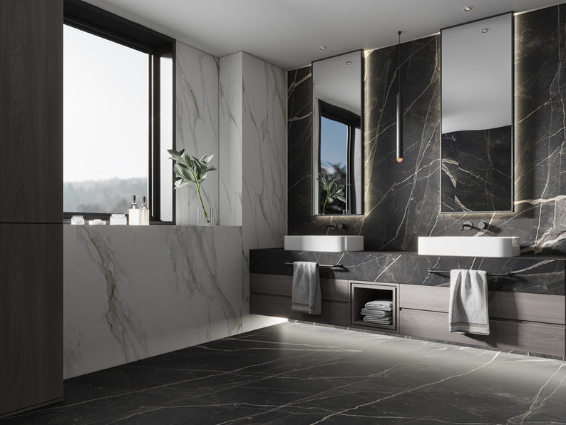 EstrellaSA Sintered Stone South Africa Johannesburg Durban Ballito Cape Town George Large Format Tiles quartz and porcelain marble surfaces calacatta black