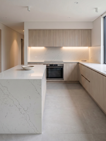 ProQuartz Calacatta Mist Kitchen island countertop and splash back