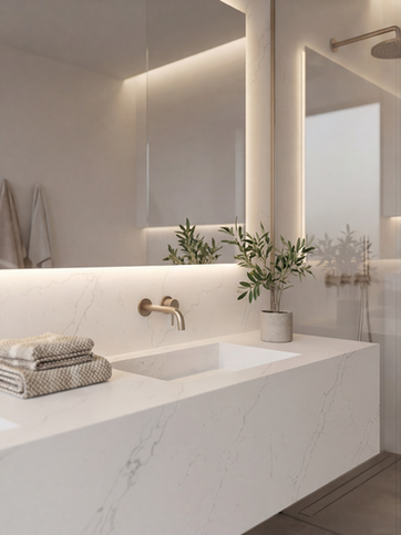 ProQuartz Calacatta Mist Bathroom vanity and wall cladding