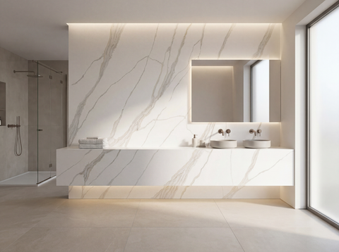 ProQuartz Cartier Gold bathroom vanity and swall cladding