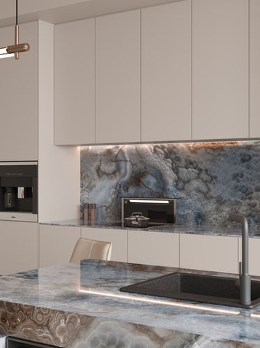 EstrellaSA Corfu sintered stone slab featuring a dramatic translucent onyx design with swirling layers of icy blue, smoky white, and contrasting deep amber-brown crystal formations