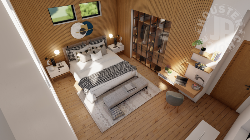 This bedroom is a masterclass in compact luxury – warm, inviting, and cleverly designed to feel both serene and highly practical.
The star is the rich vertical wood slat wall that wraps the headboard and most of the room, creating a cocooning, spa-like warmth. The light natural oak tone glows softly in the sunlight streaming through the two small clerestory windows above the bed, giving the space a calm, modern Scandinavian vibe.