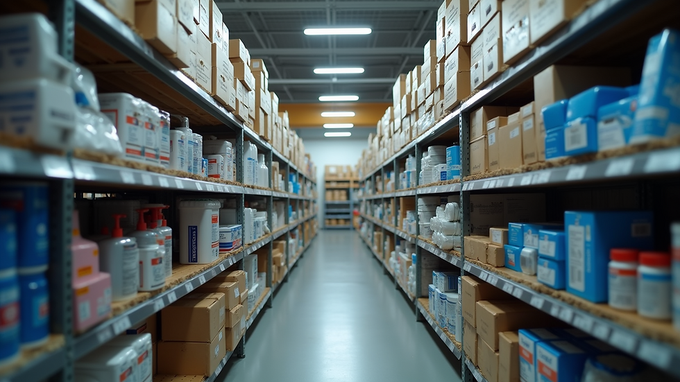 Eye-level view of organized plumbing supplies on store shelves