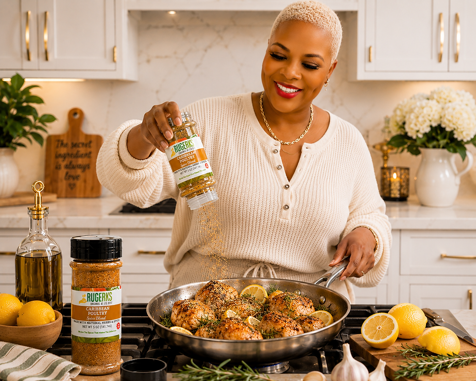 Nadine from Rugerks Organic At Its Best seasoning lemon herb chicken with Caribbean Poultry Spice Blend in a luxury white and gold kitchen.