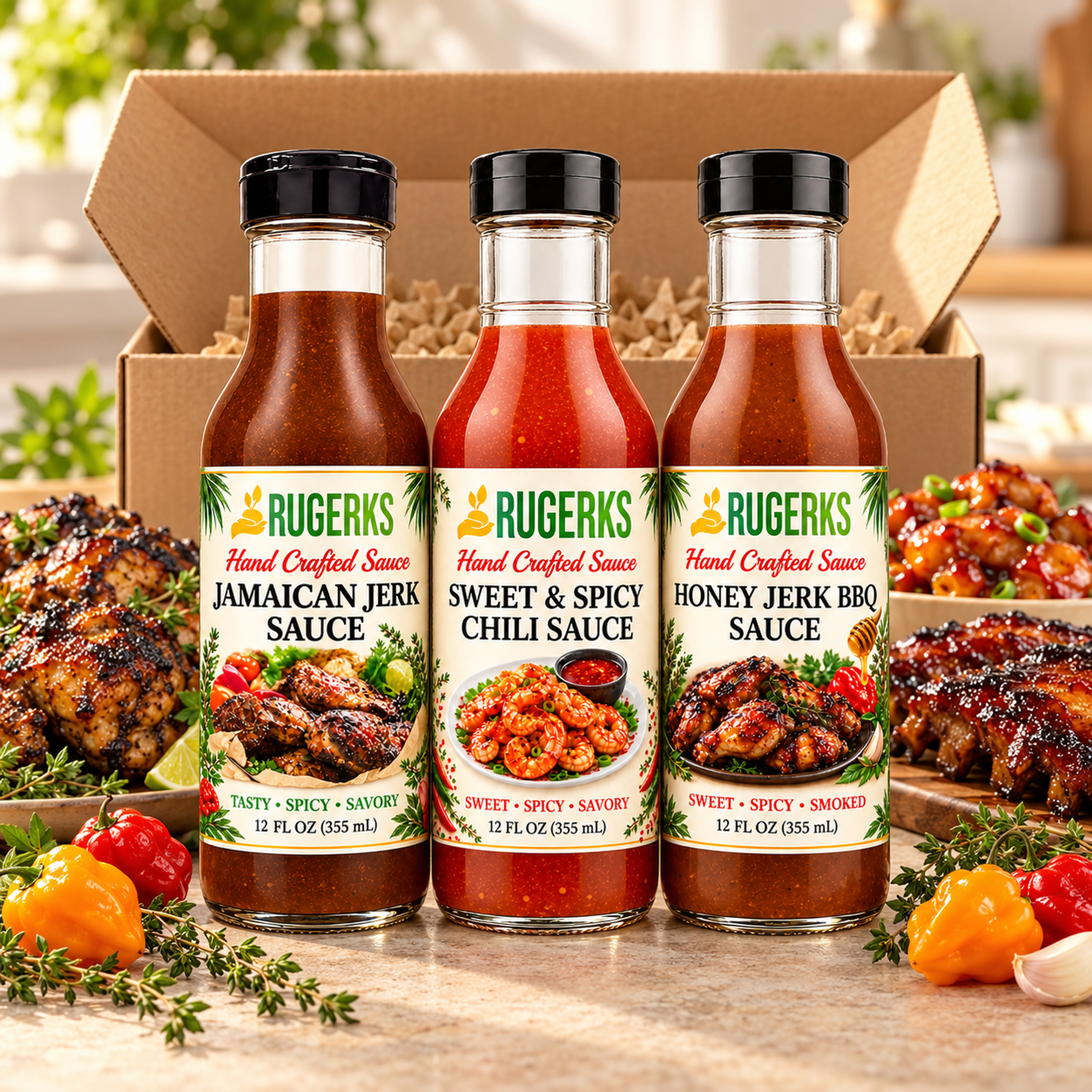 Rugerks natural sauces displayed alongside a selection of delicious cooked meats.