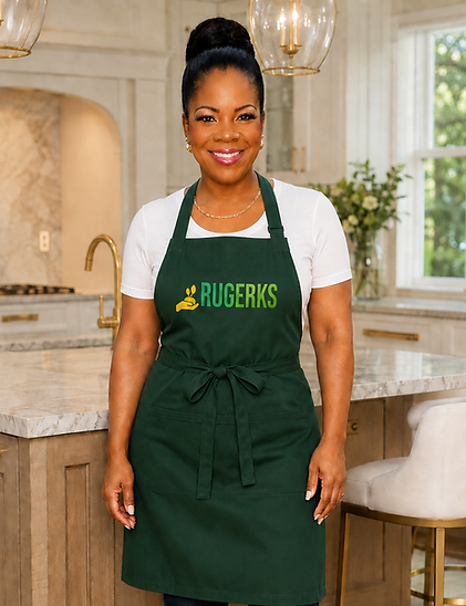 Woman wearing a green Rugerks apron