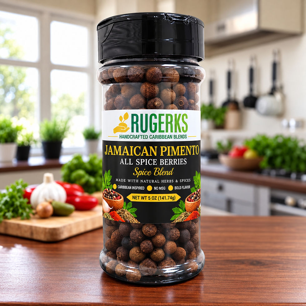 Thumbnail: Rugerks Jamaican pimento allspice berries jar on a kitchen counter with fresh herbs and ingredients
