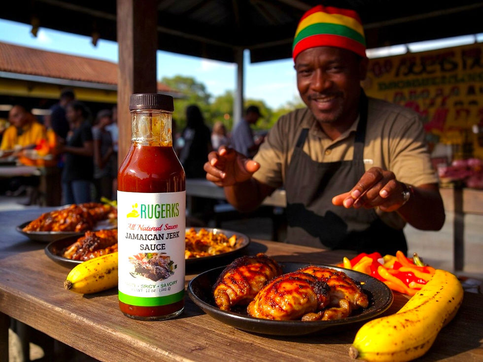 Man smiling at outdoor food stall, wearing colorful hat, with plates of grilled chicken, peppers, a banana, and a bottle of Rugerks Jamaican Jerk Sauce.