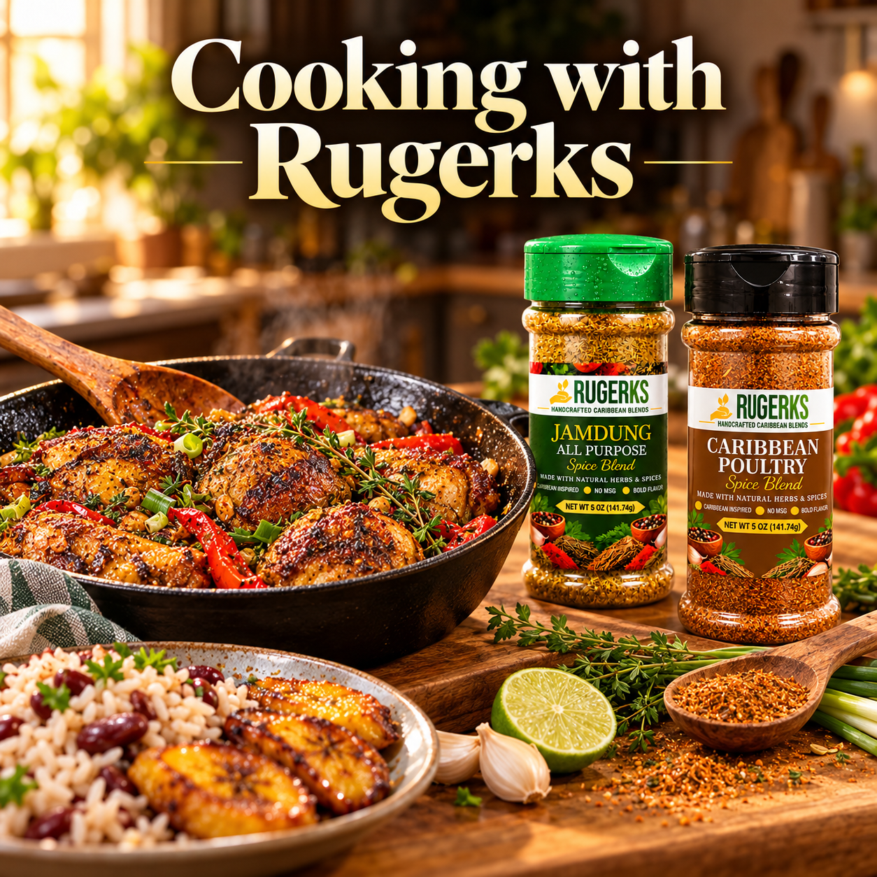 Cooking with Rugerks card featuring seasoned chicken, rice and peas, fried plantains, and jars of Jamdung All Purpose and Caribbean Poultry Spice Blends.