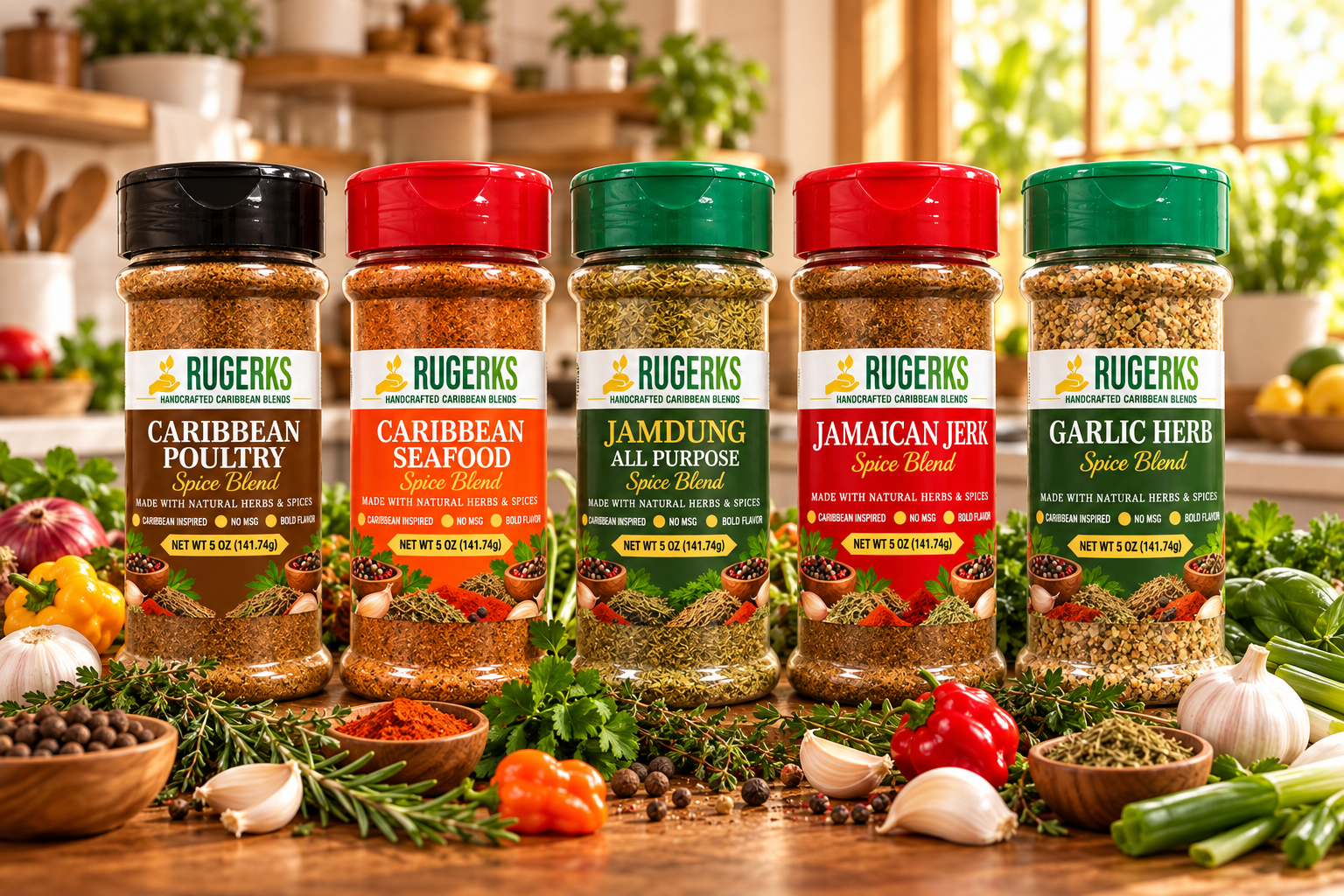 Bottle of Rugerks spice blends on a counter with natural herbs