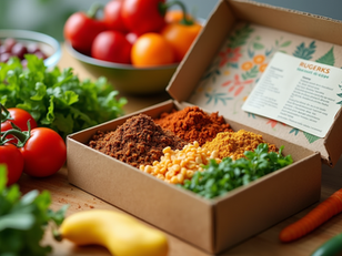 Close-up view of a meal kit box with fresh vegetables and recipe card