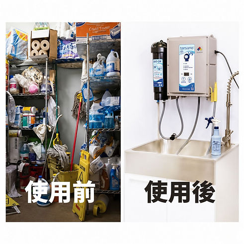 一張對比圖。左側「使用前」顯示雜亂的儲藏室,架上堆滿各種化學清潔劑塑膠罐與清潔雜物;右側「使用後」顯示簡潔現代的空間,牆上僅安裝一台 Tersano Lotus V9 臭氧水生成系統,連接水槽,視覺上大幅減少了空間佔用與化學品堆放。