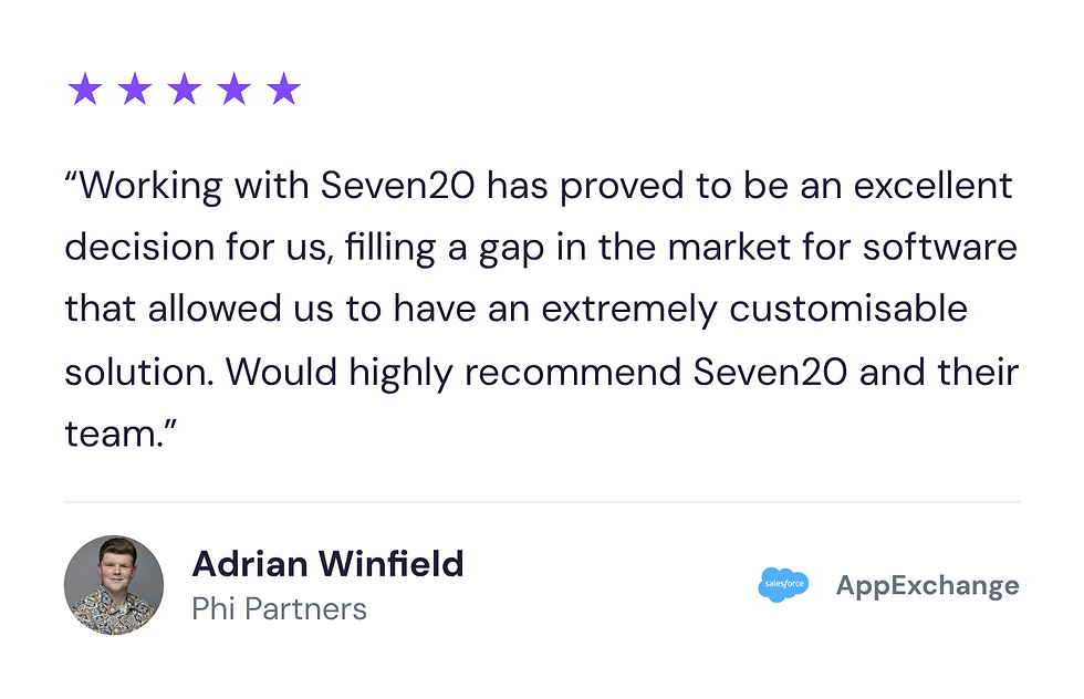 5-star review from Adrian Winfield, Phi Partners: “Working with Seven20 has proved to be an excellent decision for us, filling a gap in the market for software that allowed us to have an extremely customisable solution. Would highly recommend Seven20 and their team.”