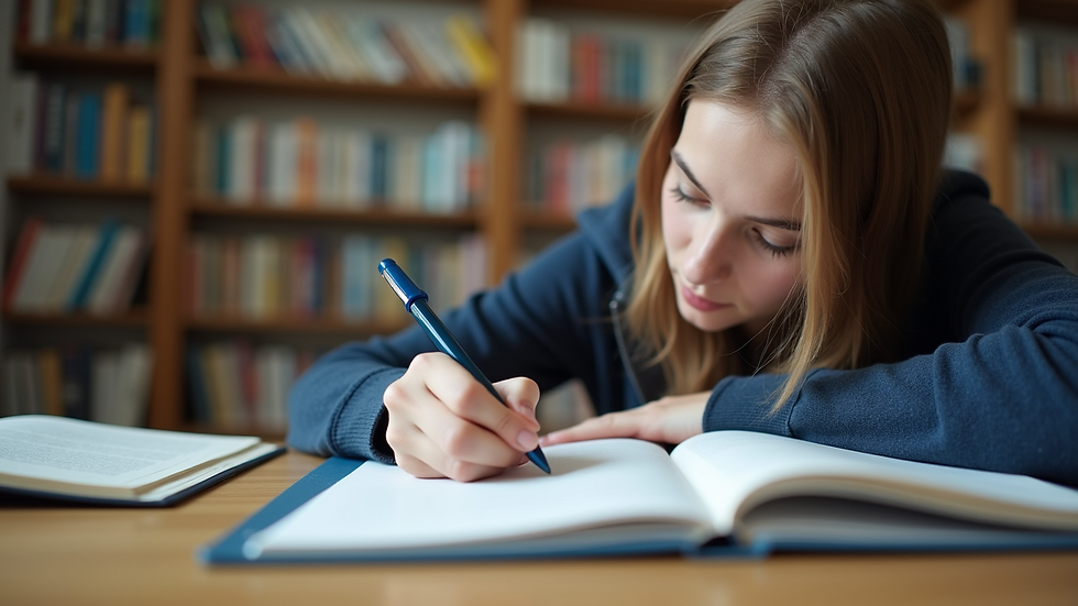 Eye-level view of a student studying with books and notes