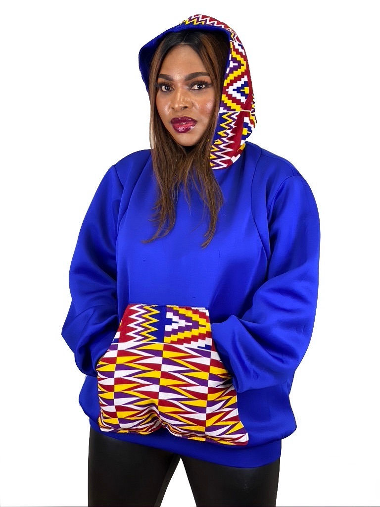 Thumbnail: Unisex Hooded Detachable Shoulder Blue blend Ankara Sweatshirt