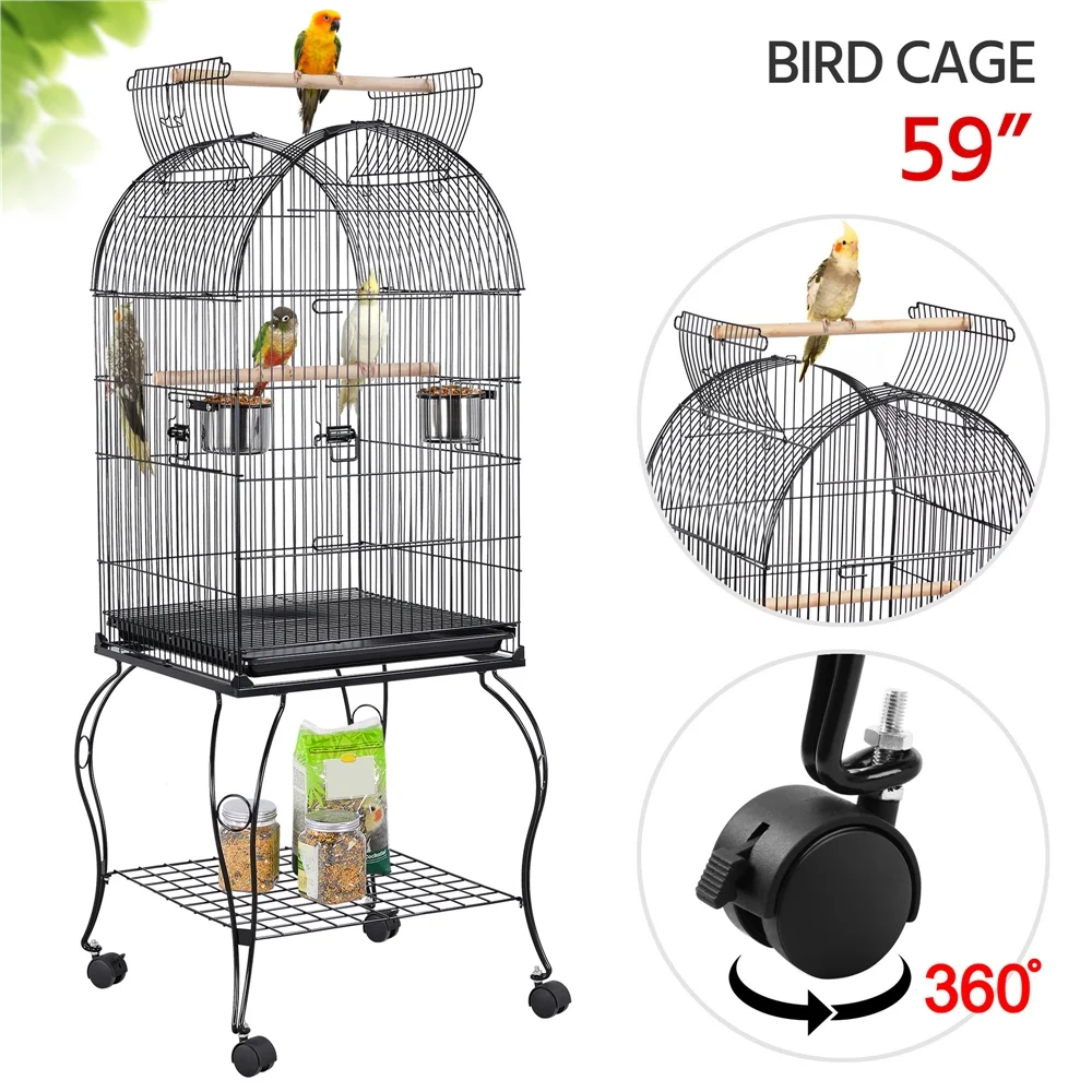 Yaheetech® 59" Open Top Rolling Bird Cage with Stand – Black Metal Parrot Cage