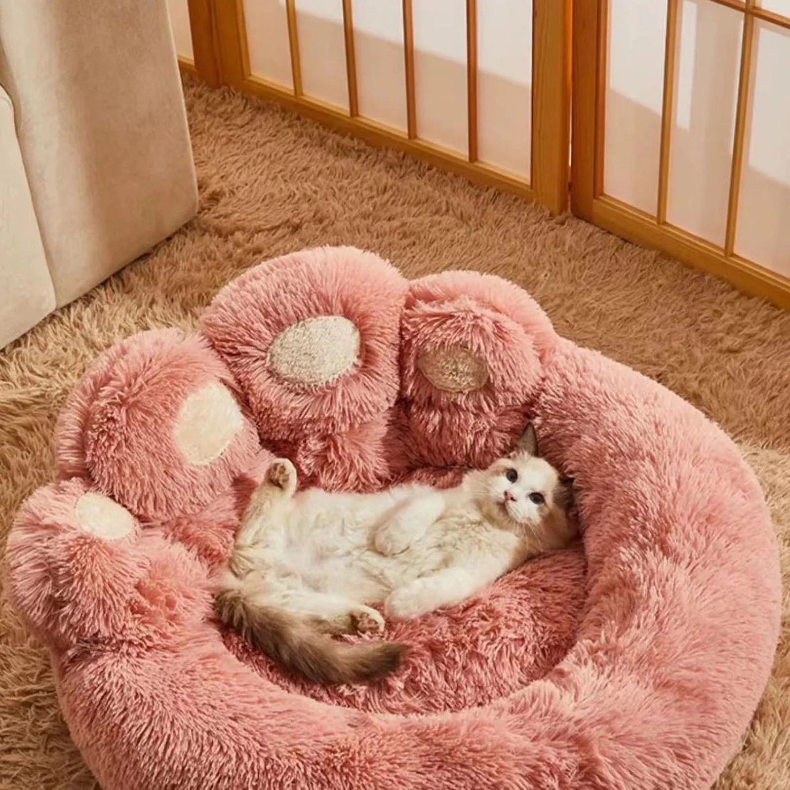 23.6in Paw-Shaped Dog & Cat Bed Plush Pink Cozy Sofa Cushion