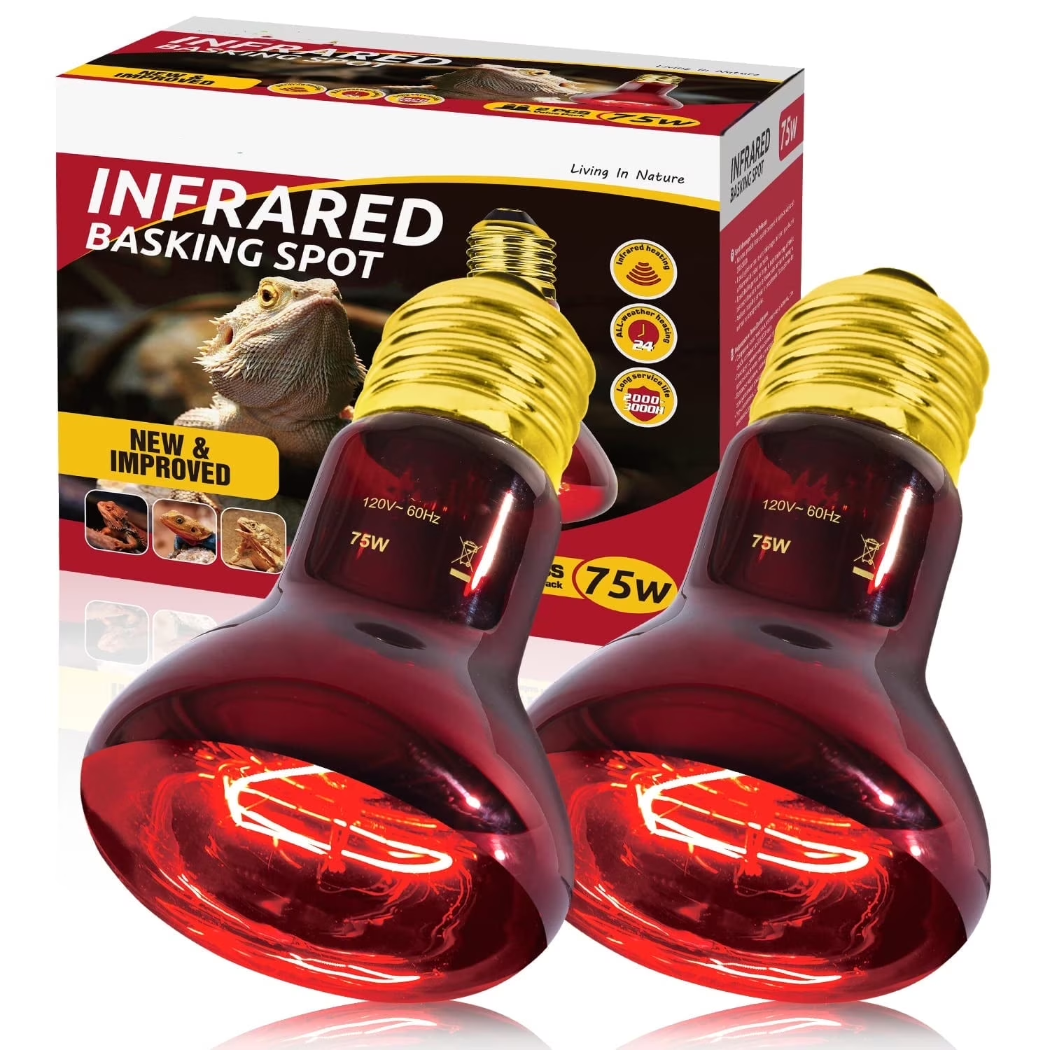 75W Red Infrared Reptile Heat Lamp Bulb E26 Basking 2 Pack