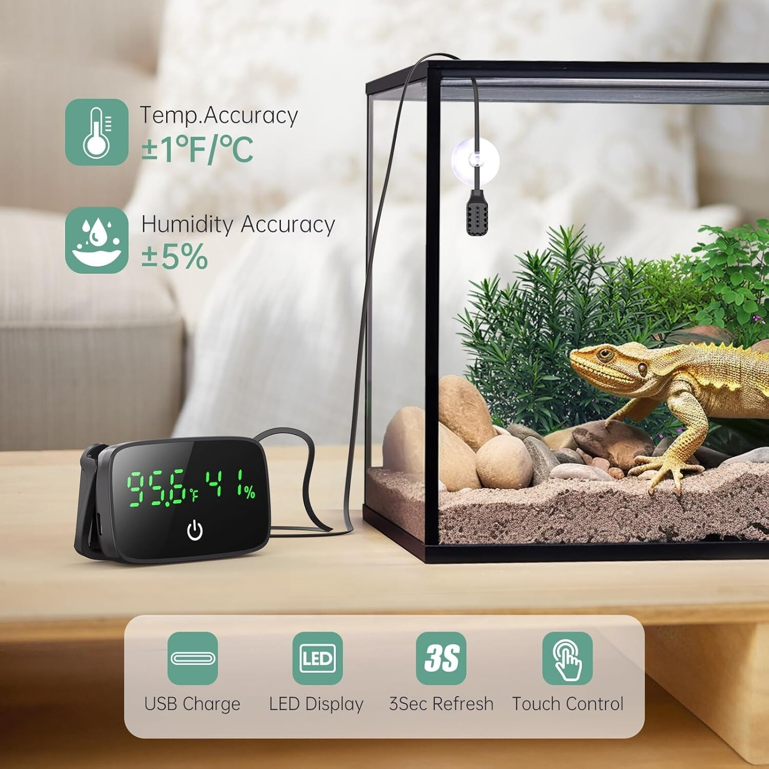 LED Digital Reptile Thermometer Hygrometer 2-in-1 USB Terrarium Gauge