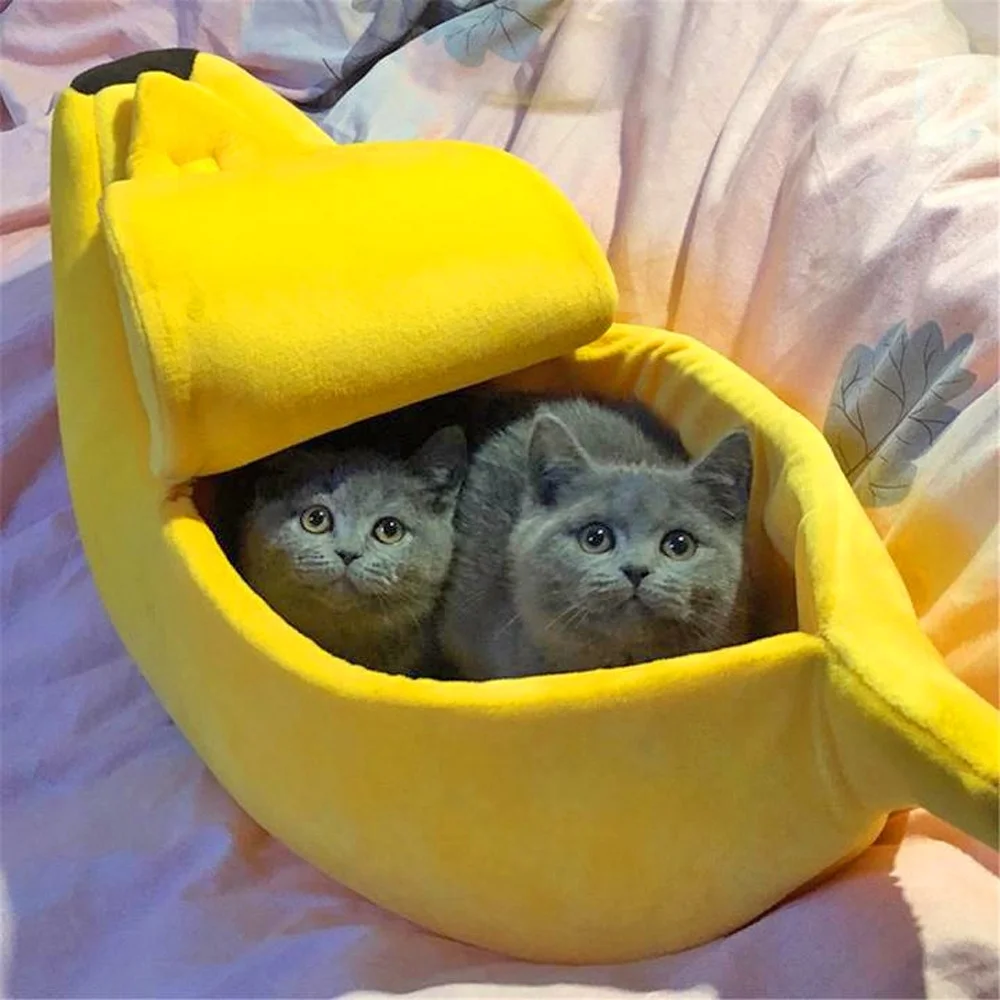 Banana Pet Bed 21.65in Yellow Cozy Cat Dog Plush Cave Bed
