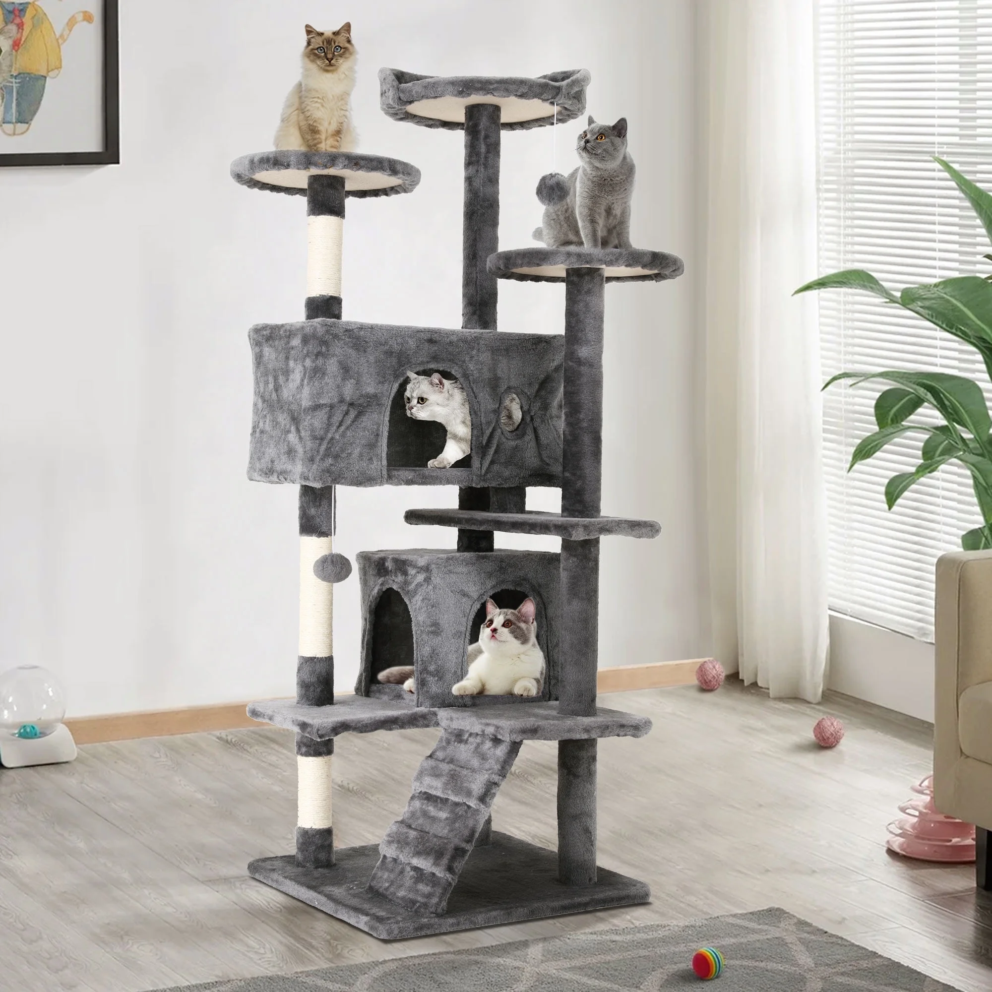 54 in Multi-Level Cat Tower with Condos & Sisal Posts Ashy
