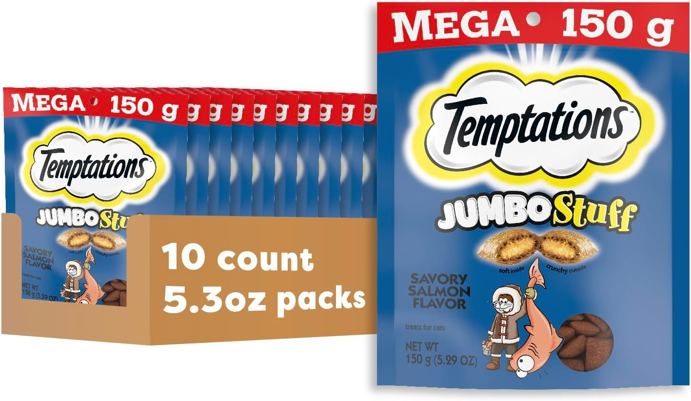 Temptations Jumbo Stuffed Cat Treats – Savory Salmon Flavor, Pack of 10