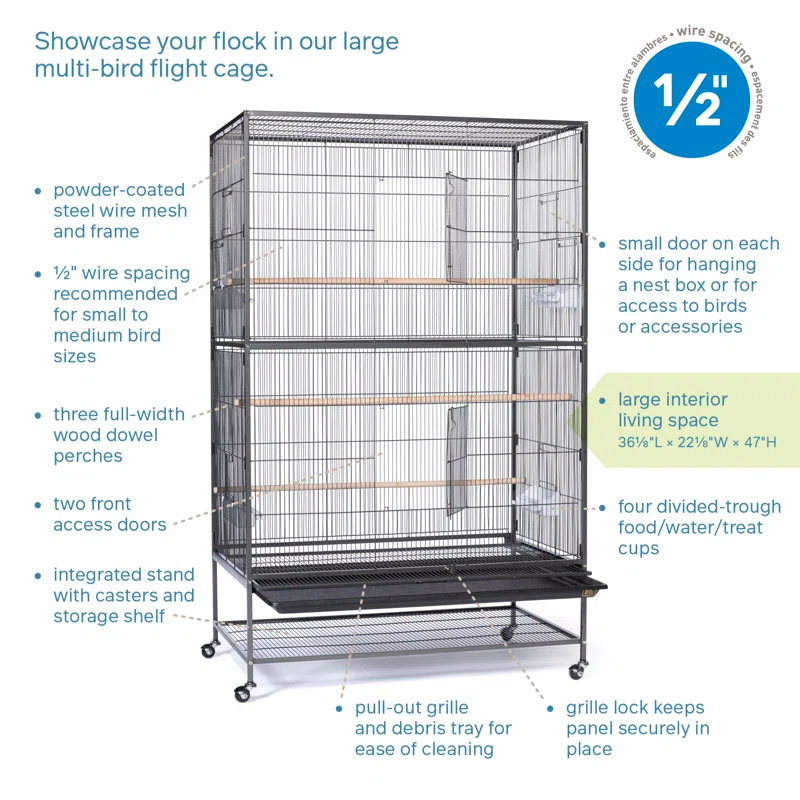 Thumbnail: Alden Design® 60" Steel Flat Top Rolling Bird Cage – Black Metal Parrot Cage