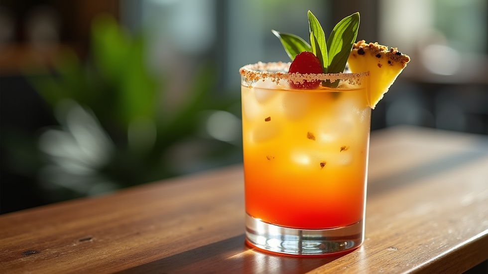 Close-up view of a tropical cocktail with garnish on a wooden table